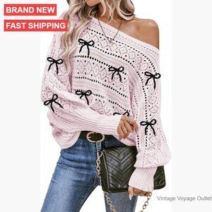 Oversized Off Shoulder Crochet Pullover Sweater Batwing Sleeve Boho